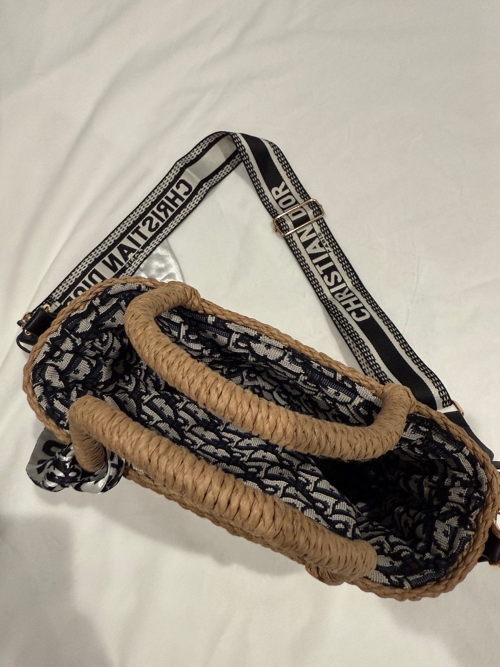 Dior Woven Tan Tote with Black & White Logo Bands - Picture 3 of 8